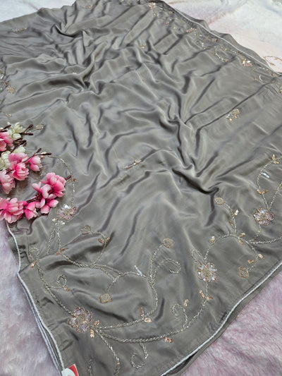 976002 Pure Crepe Silk Hand Work party Wear Saree - Gray
