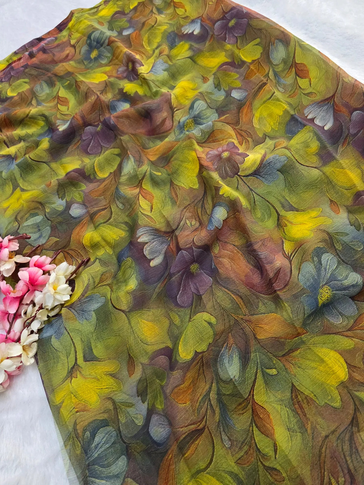 CA1469 Lightweight Elegant Semi Chiffon Flower Print Saree - Purple Blue