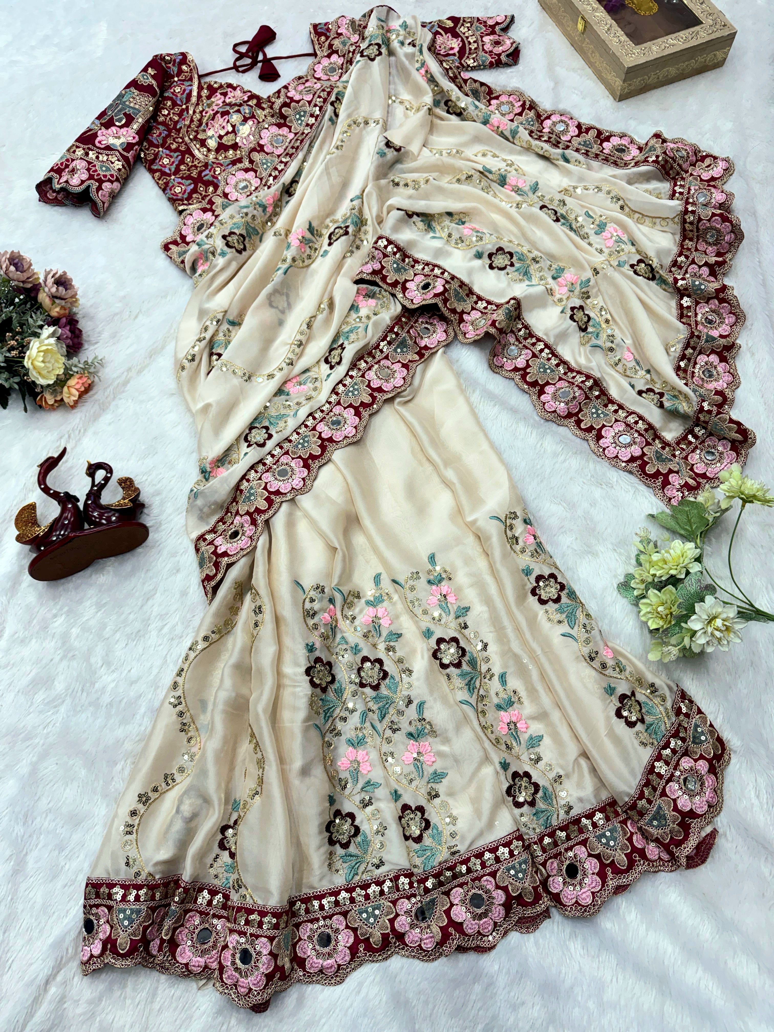 Crepe Silk Cream Saree with Heavy Stitched Blouse