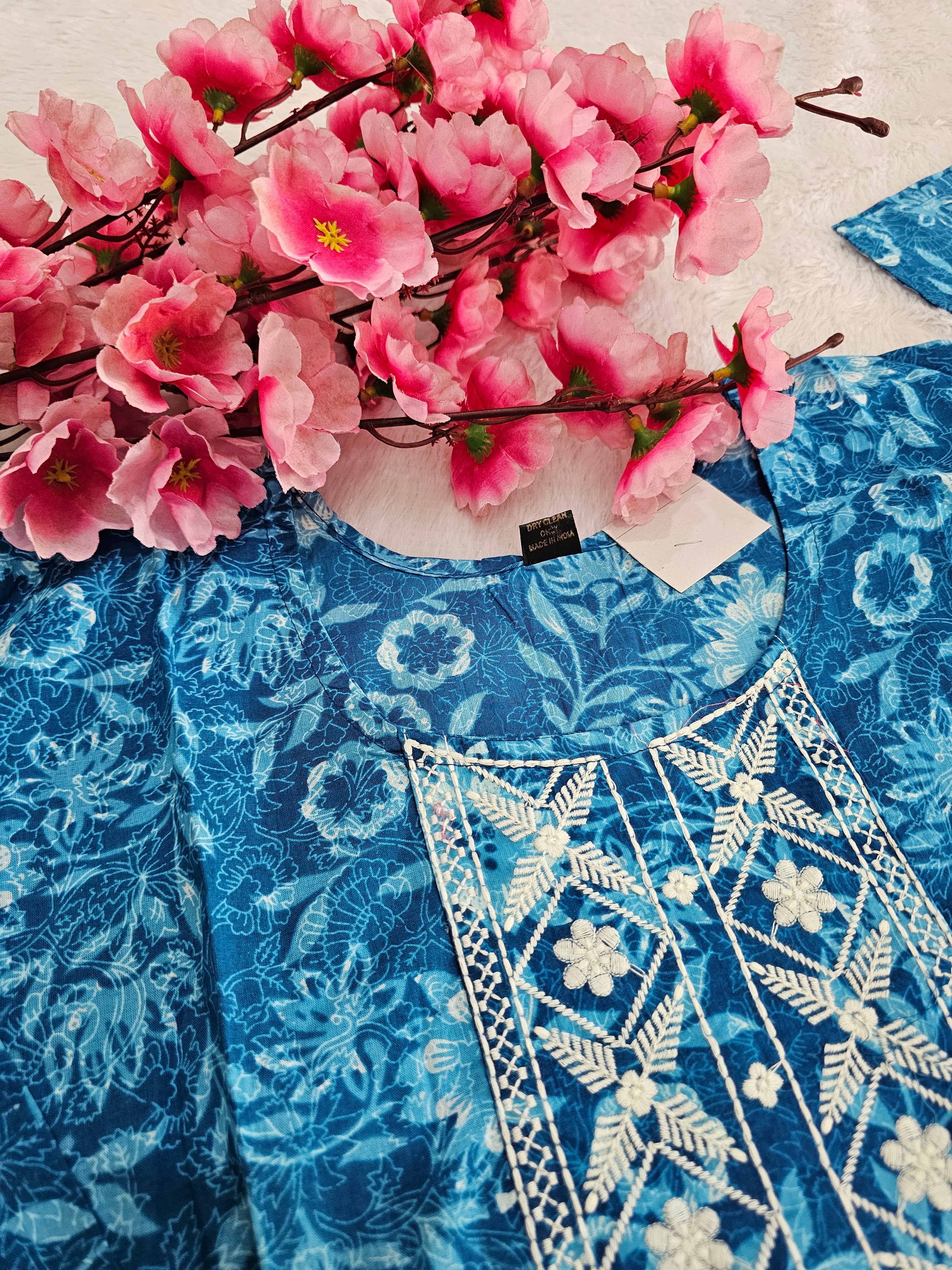 770001 Blue Color Embroidered Pure Cotton Flower Printed Straight Kurti With Pant & Dupatta