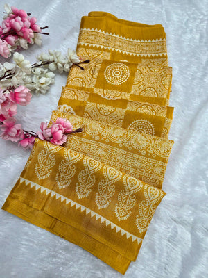 DS287 Semi Dola Silk Block Print Saree - Yellow
