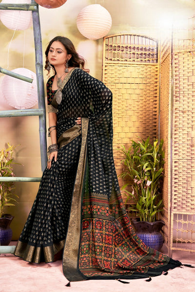 920005 Georgette Crepe Silk Saree with Small Prints and Banarasi Border - Black