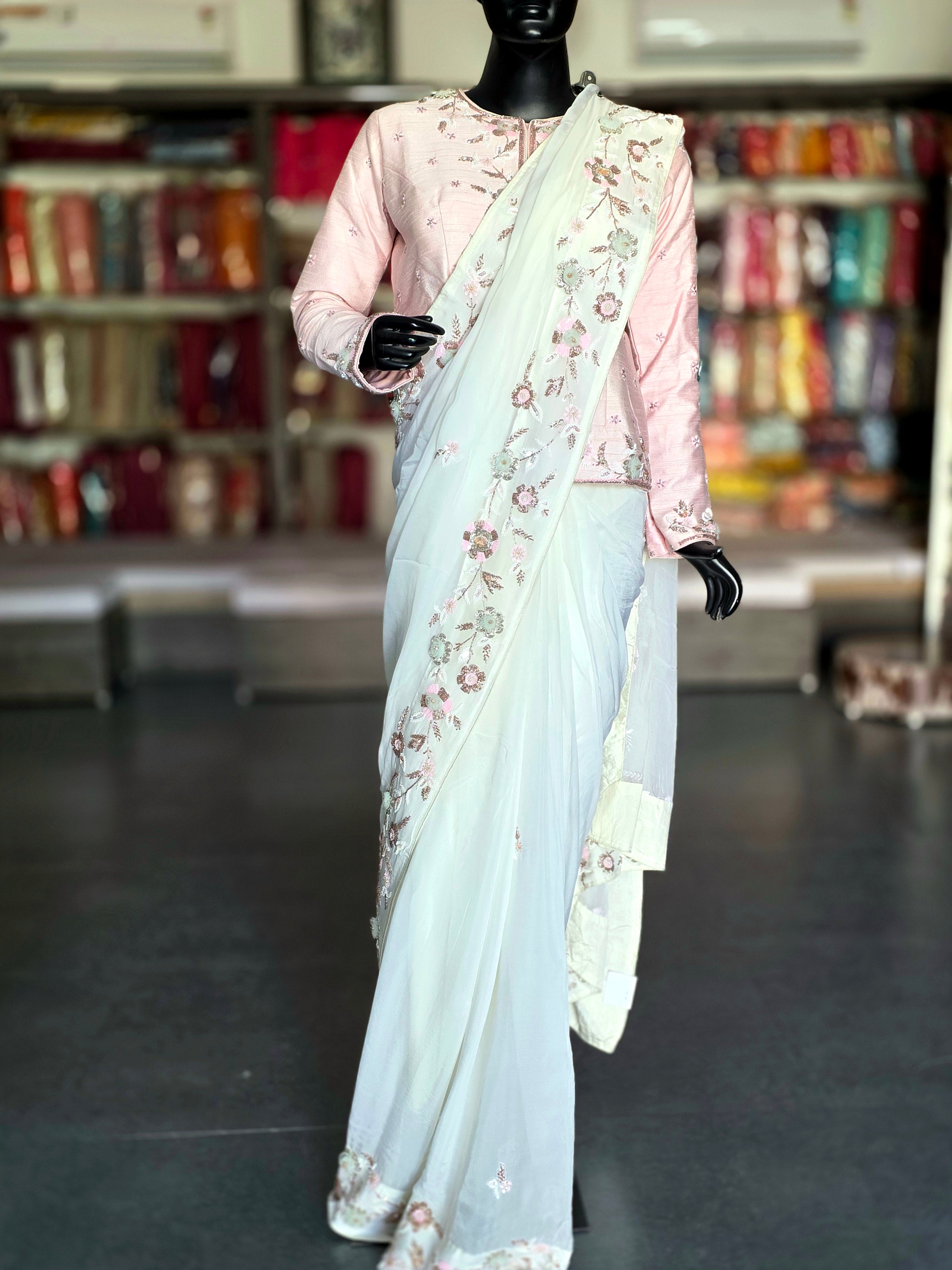 8655 Pure Soft Organza Premium Saree with Kothi Style Stitched Blouse with Designer Handwork