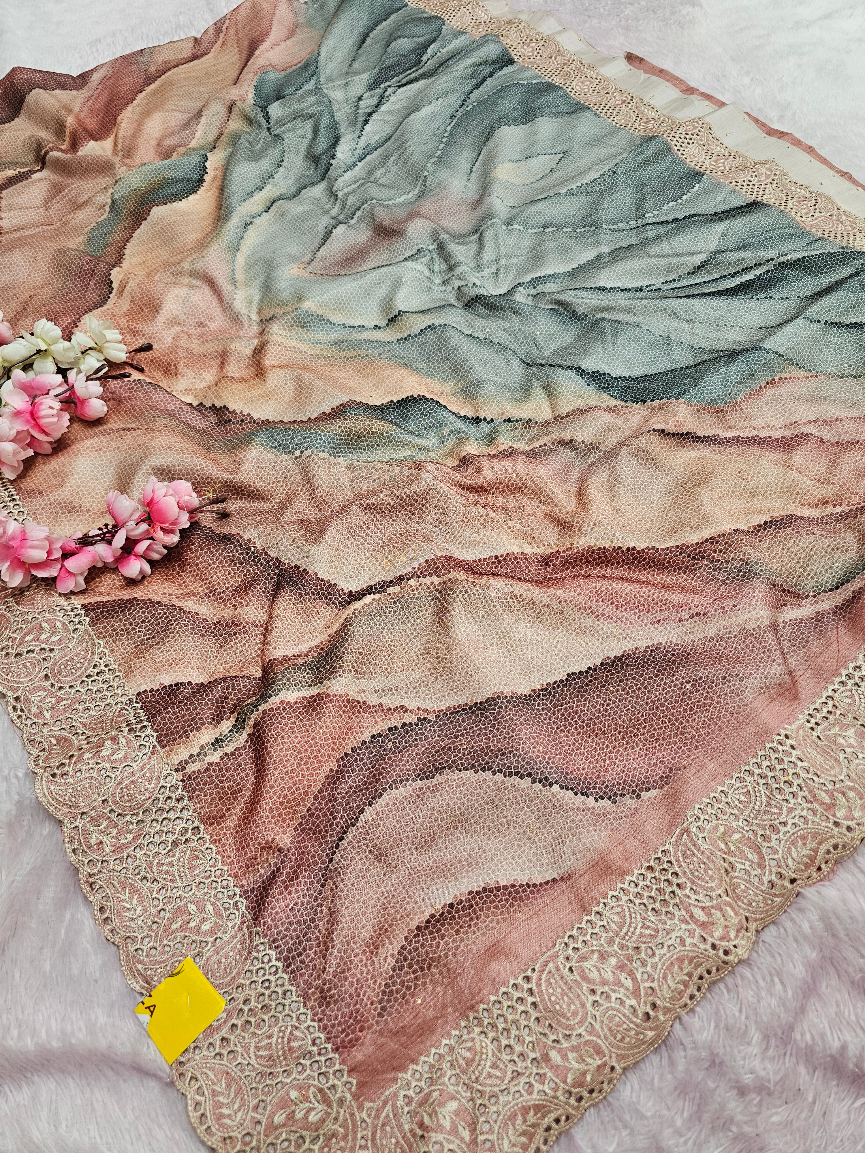 102003 Chitra Special Dola Viscose Silk Designer Print Saree with Chifley Work - Peach