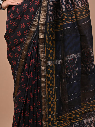 578010 शुद्ध माहेश्वरी कॉटन सिल्क हैंडब्लॉक प्रिंटेड साड़ी 
