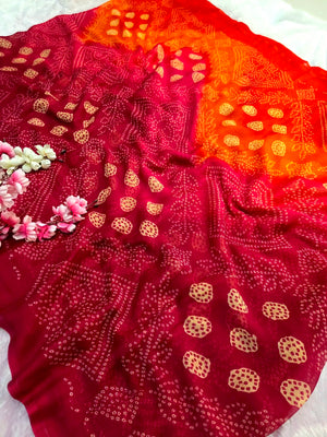 CA1480 Lightweight Elegant Semi Chiffon Bandhani Print Saree - Ornage