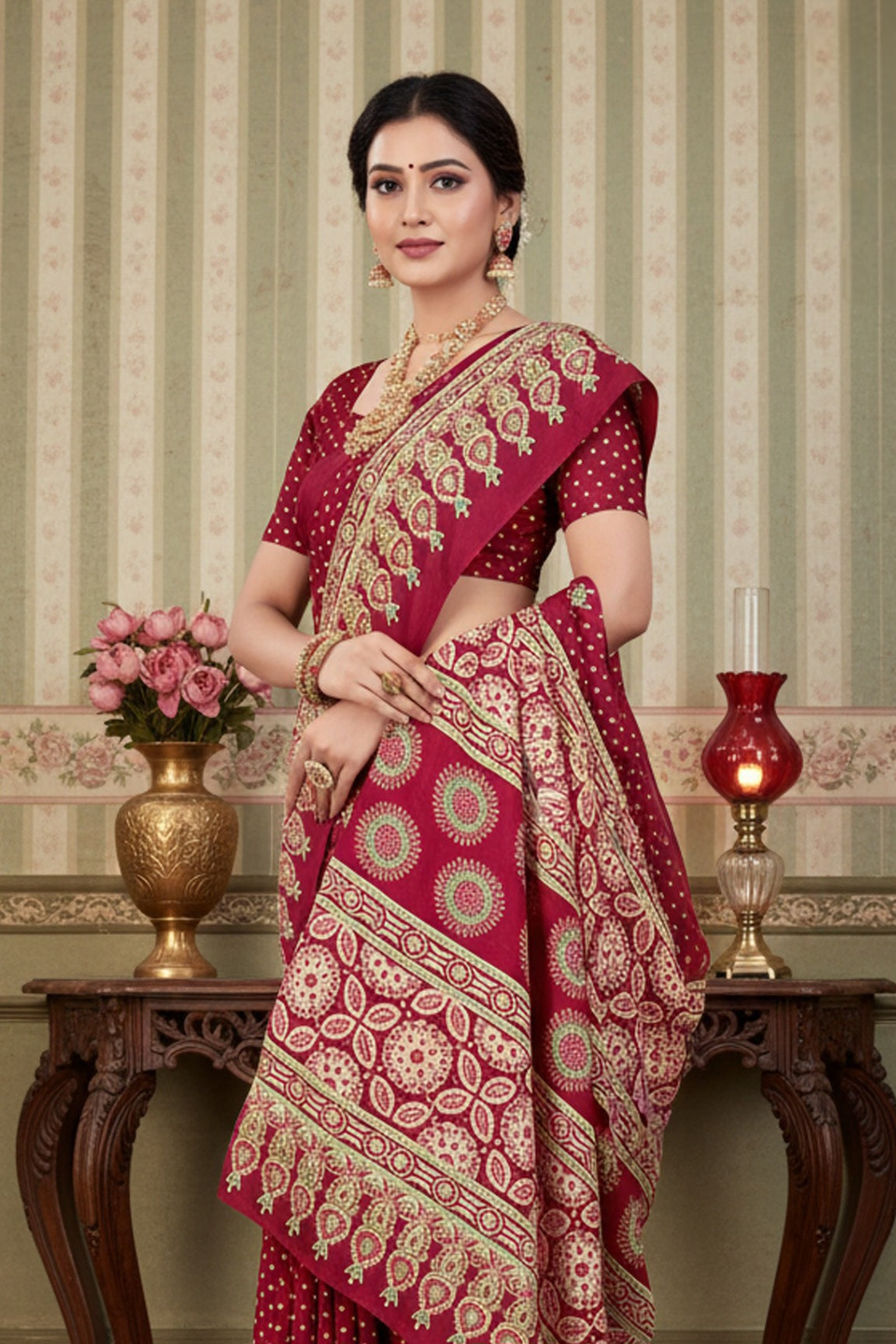 937004 Traditional Ajrakh Print Satin Silk Saree - Wine
