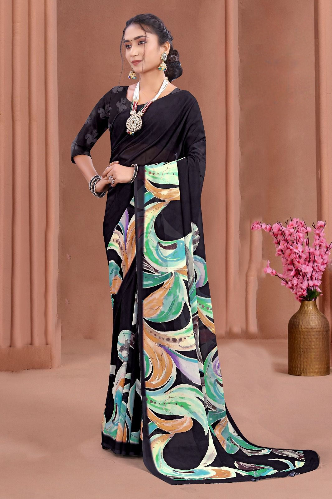 695012 डिजिटल फ्लावर प्रिंट जॉर्जेट क्रेप साड़ी