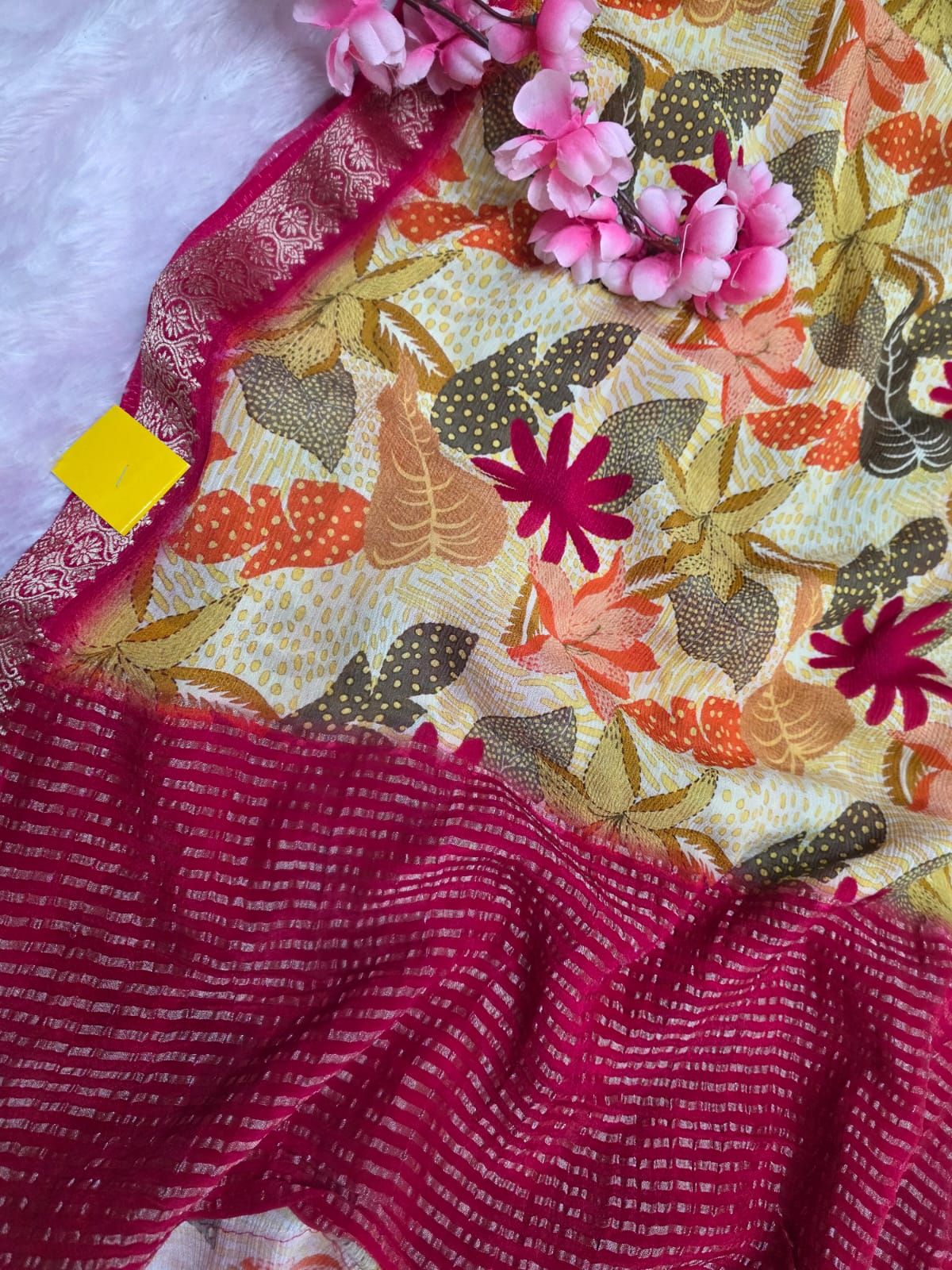 103801 Exclusive Pure Chinon Silk Traditional Print Cream Saree with Zari Weaving Border