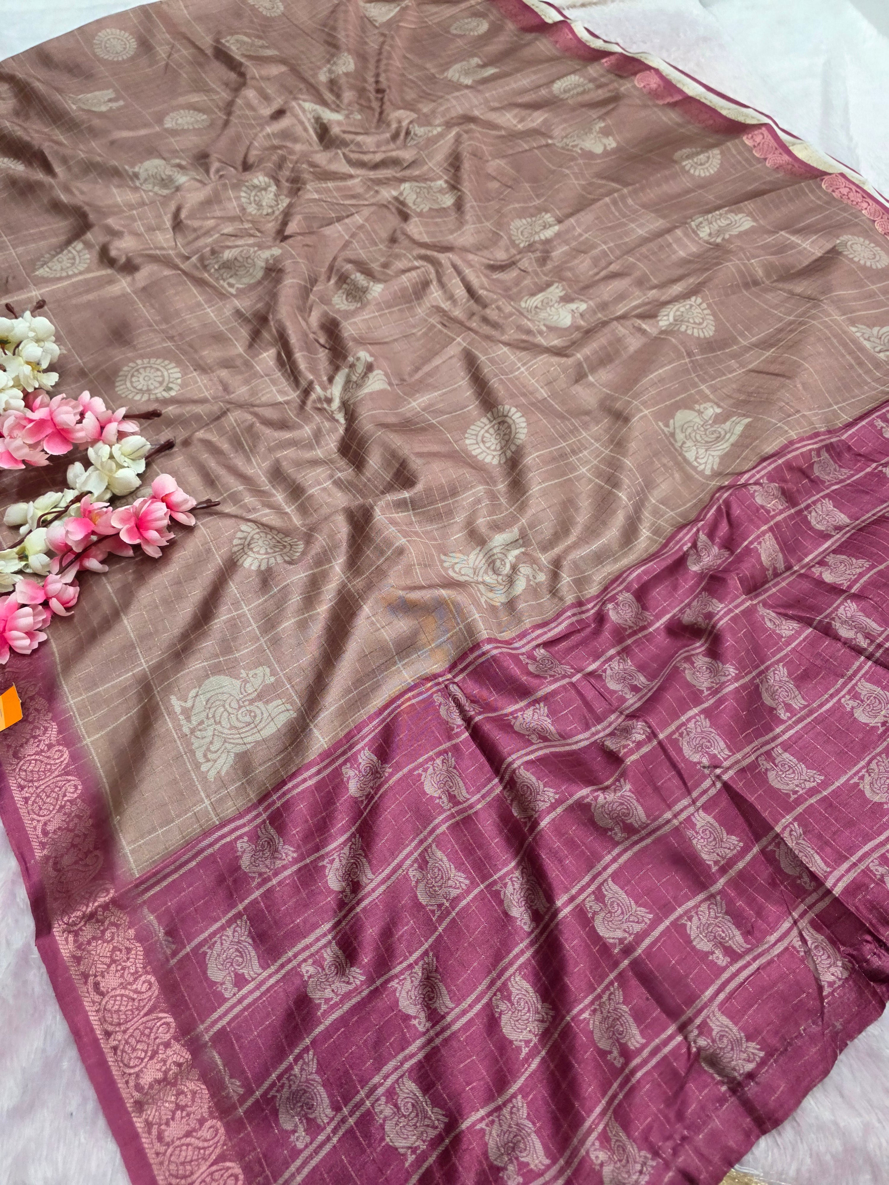 102405 Exclusive Soft Viscose Silk Printed Saree with Zari Weaving Checks - Brown