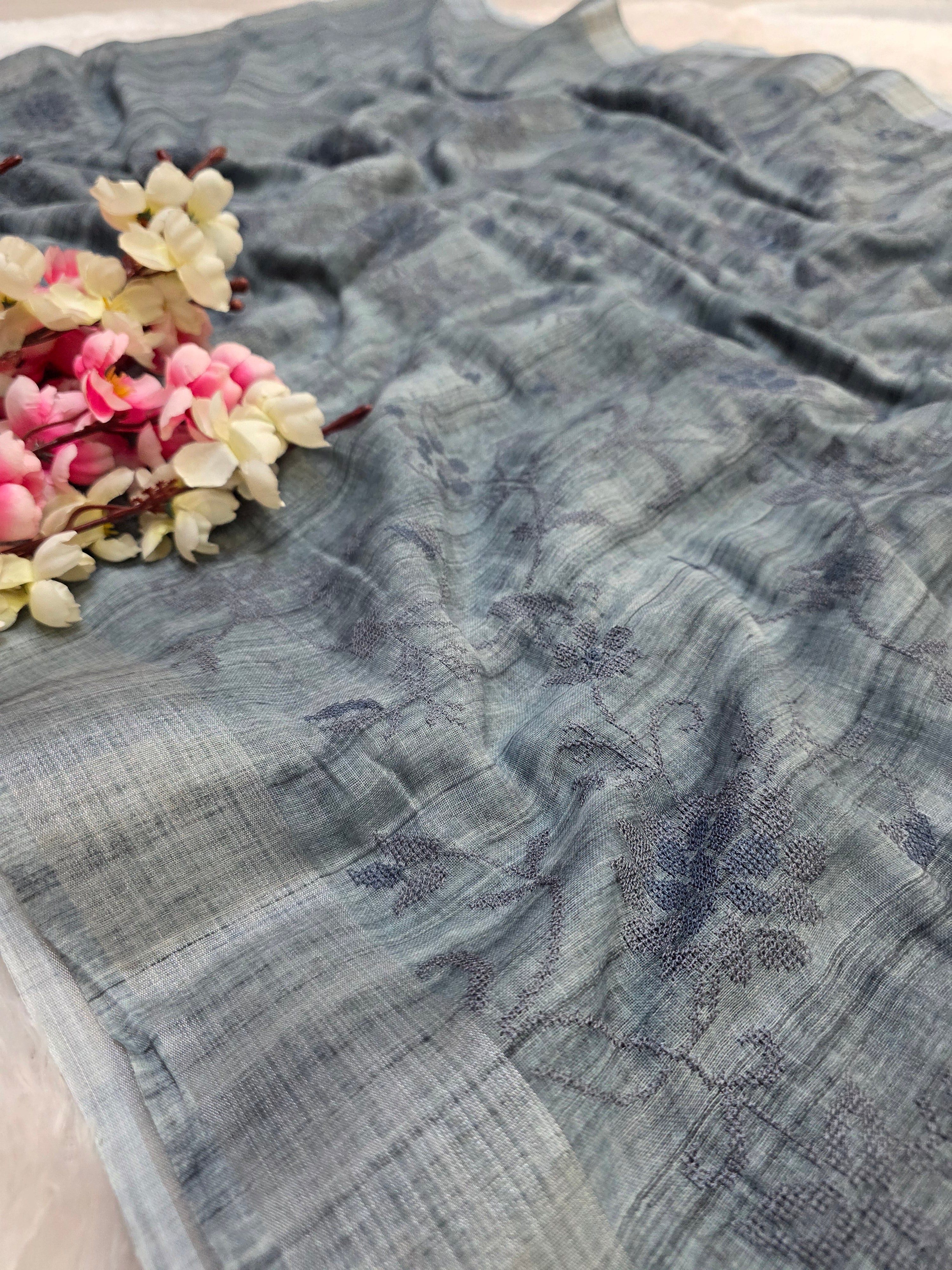 423003 Pure Linen Saree with Embroidery with White Zari Weaving Border Gray