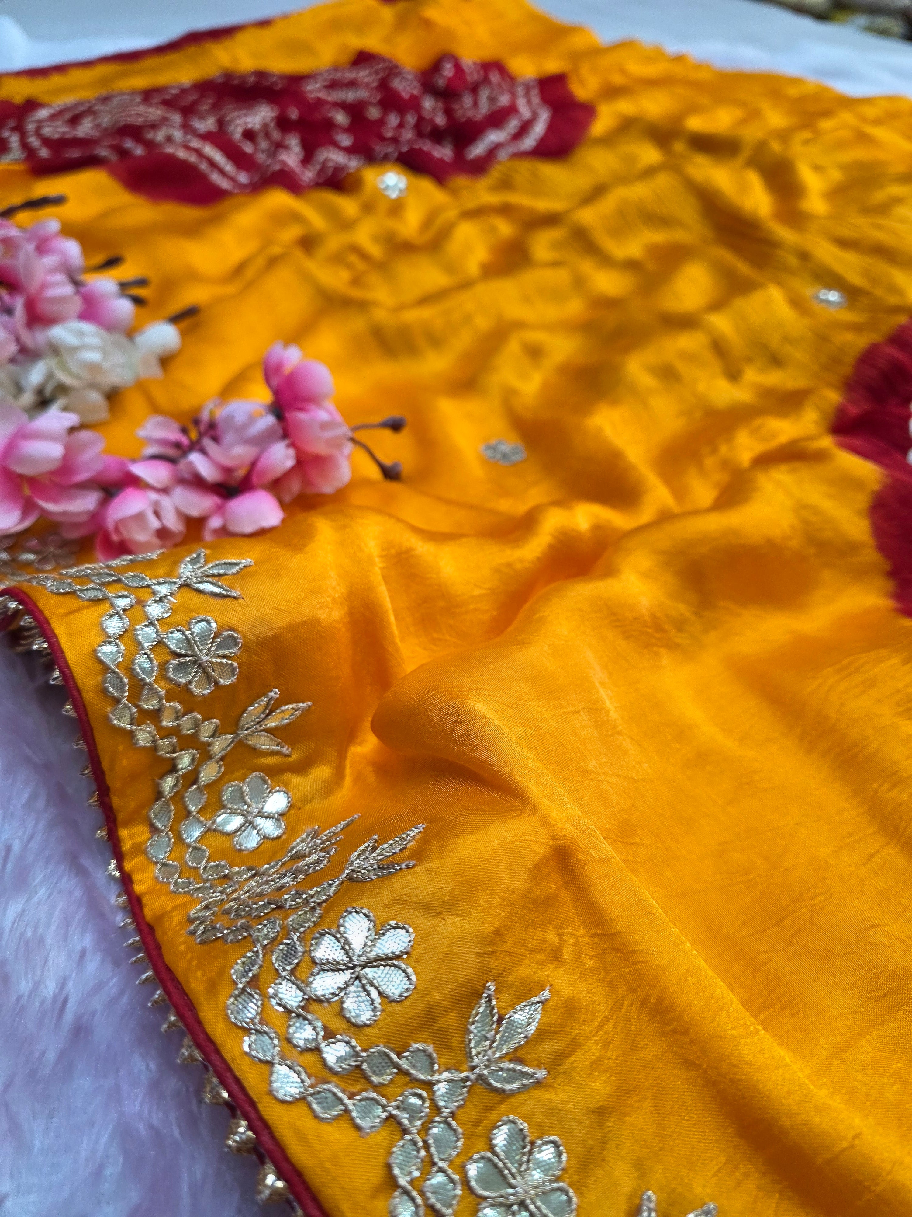 2447 Traditional Rajasthani Pila Chundar Gajji Silk Saree with Hand Gota Work