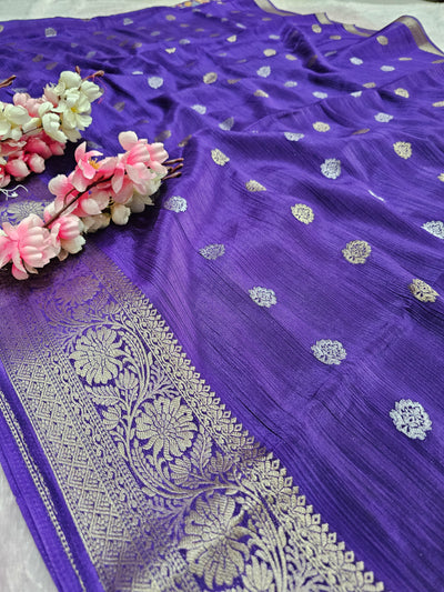 994003 Beautiful Soft Wrinkle Chinon Silk Zari Weaving Saree With Printed Pallu - Purple