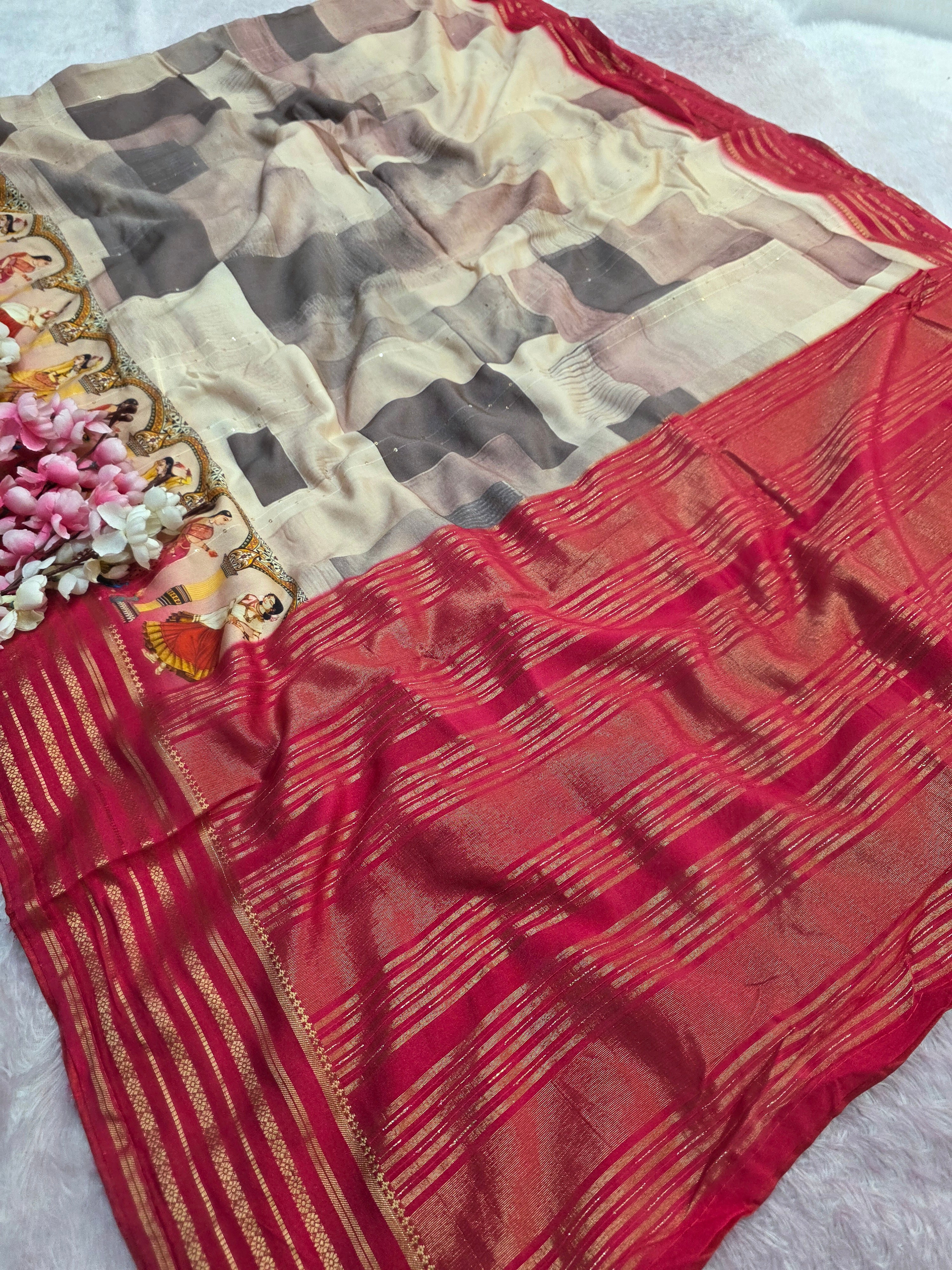 104003 Chitra Special Maslin Silk Designer Hand Print Saree with Zari Weaving Border