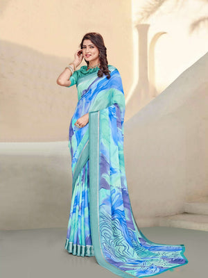 920003 Designer Flower Printed Georgette Saree with Satin Border - Green Blue