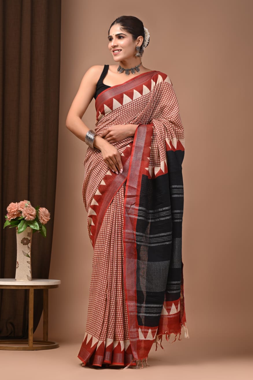 100502 Pure Rajasthani Natural Cotton Linen Hand Printed Saree