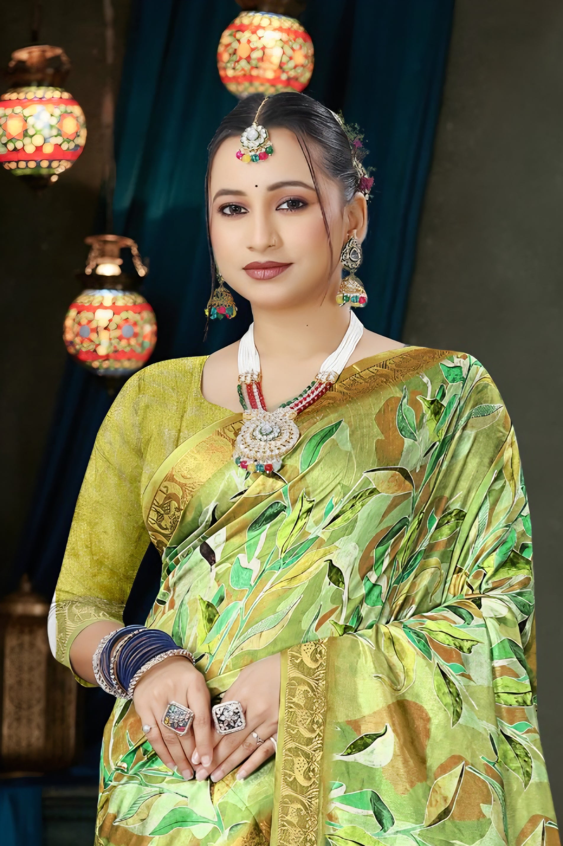 982012 Bollywood Style Soft Crepe Silk Flower Print Saree with Zari Weaving Border