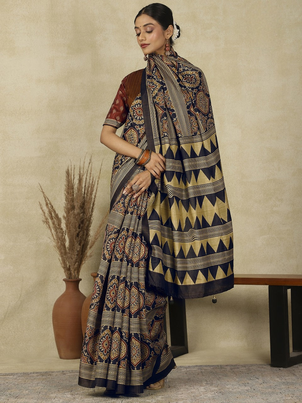 970003 Traditional Ajrakh Print Kozy Silk Light Weight Saree