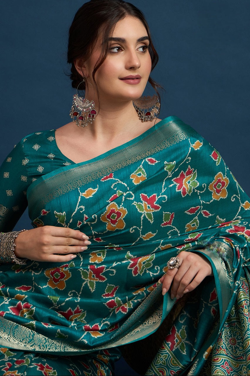 911001 Soft Cotton Silk Patola Print Saree with Banarasi Border - Teal