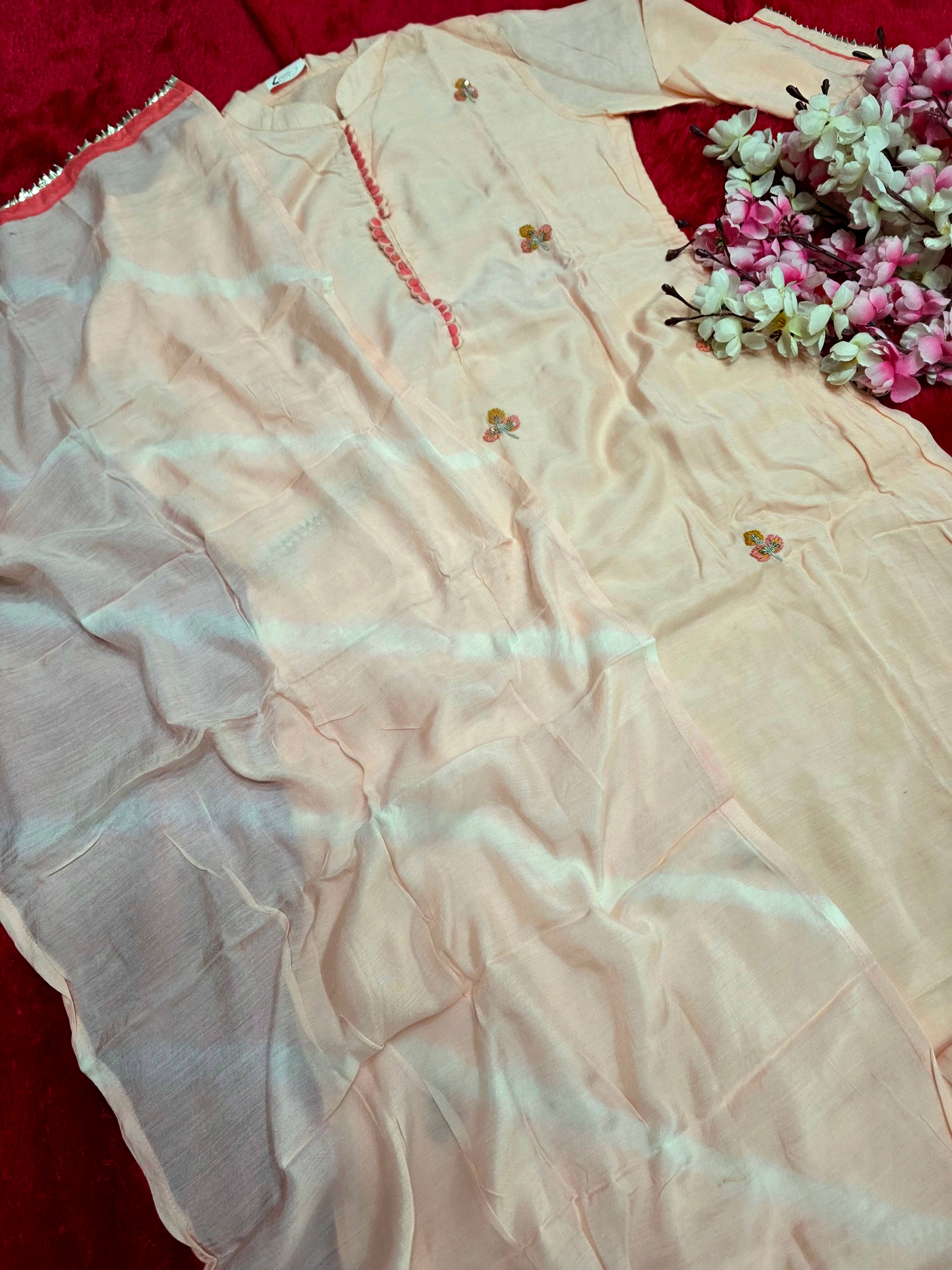 977007 Pure Maslin Silk Aline Kurti with Dupatta with Heavy Hand Work