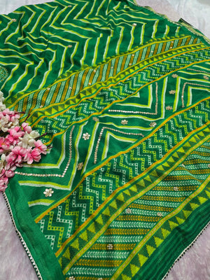 CA0752 Rajasthani Kota Doria Silk Lehariya Saree with Gota Patti Work - Green