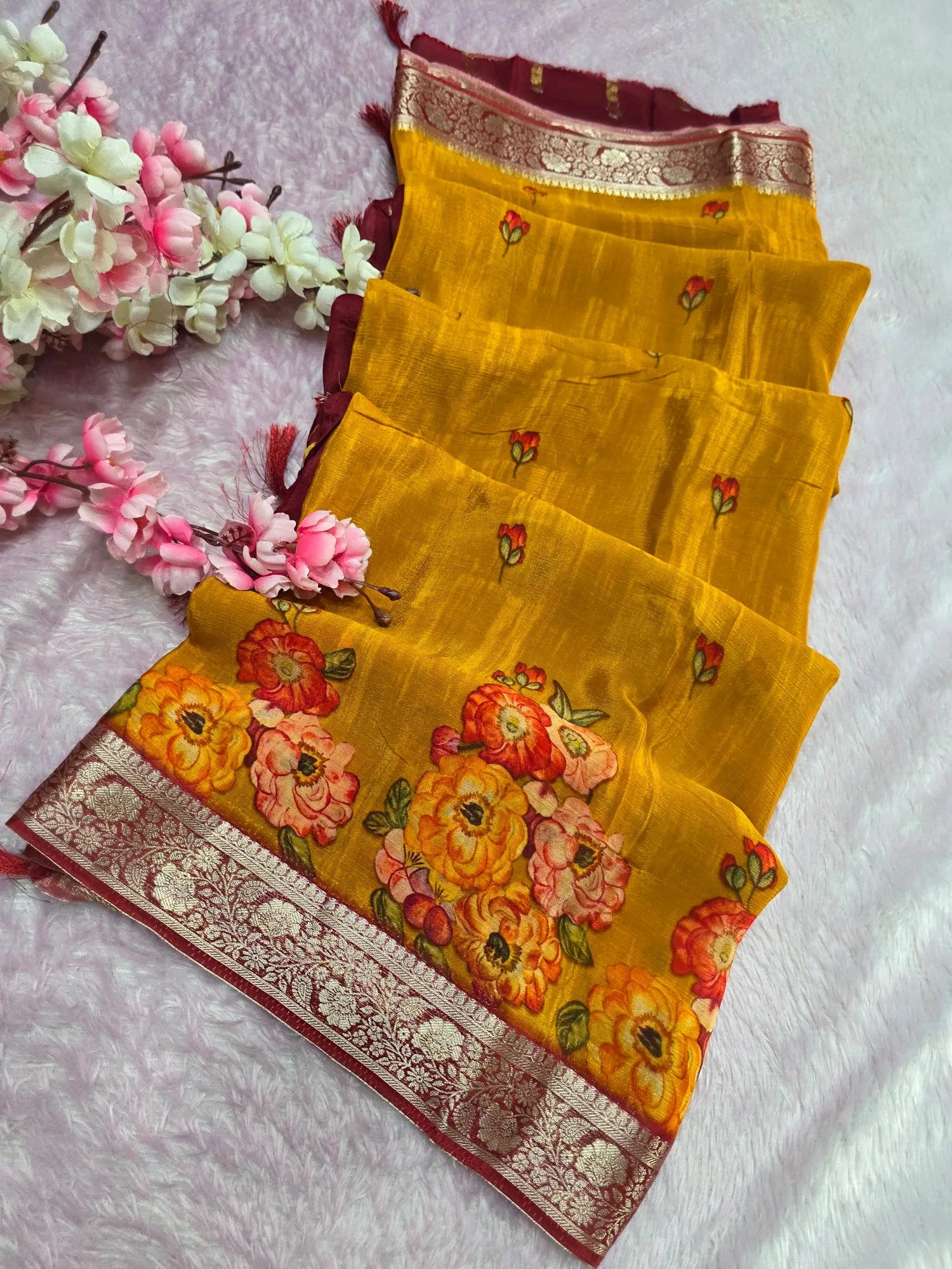 CA0993 Chitra Exclusive Pure Chinon Silk Flower Printed Saree With Zari Border