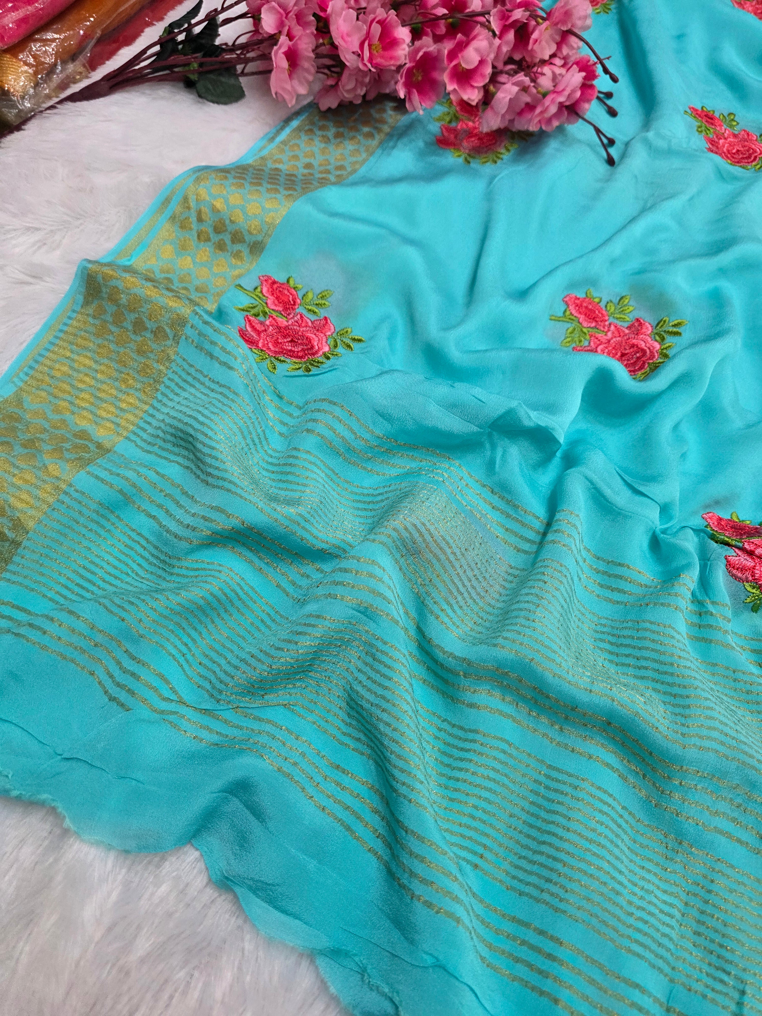 C78005 Exclusive Fancy Pure Chinon Saree with Embroidery