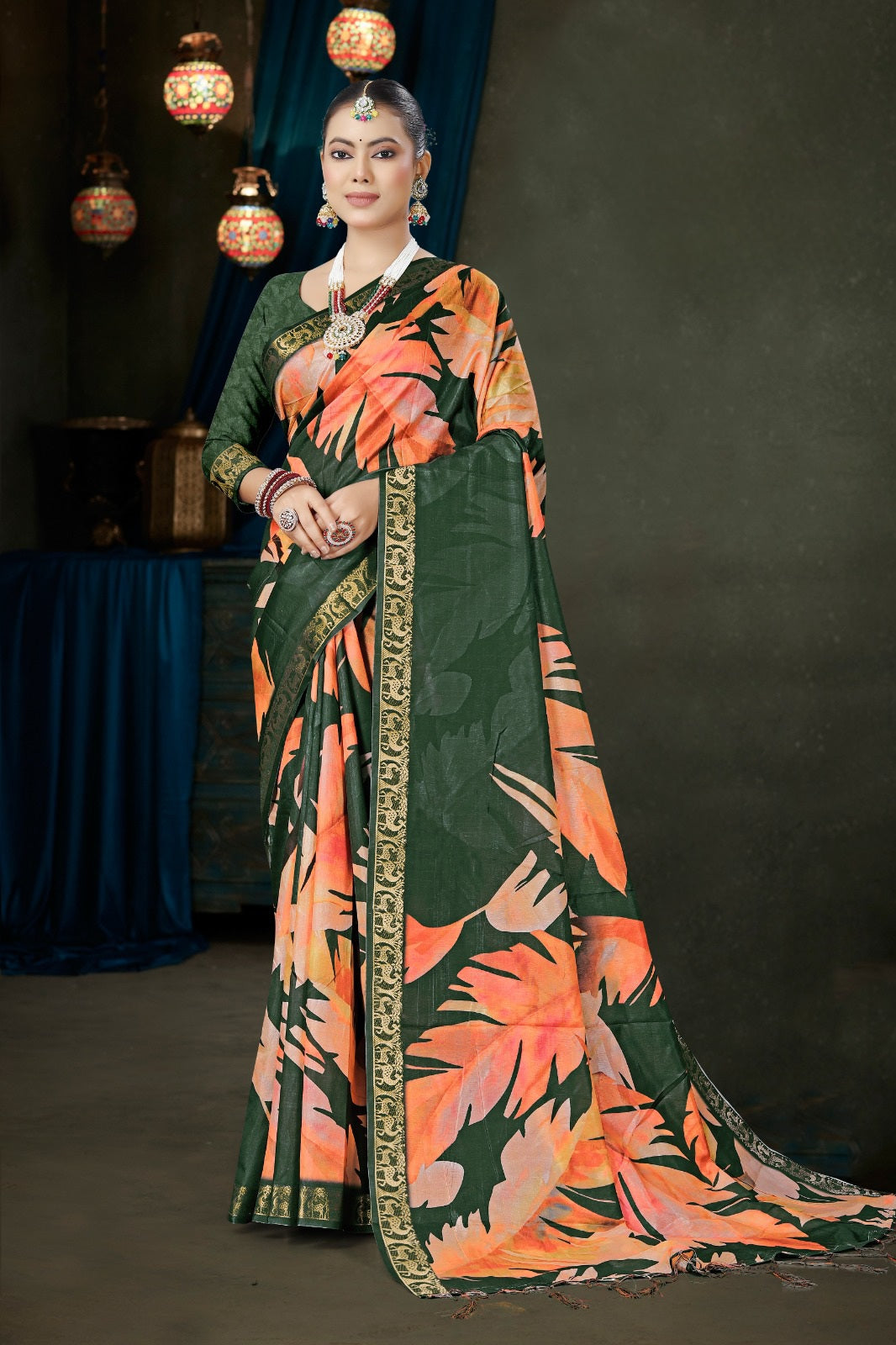 982008 Bollywood Style Soft Crepe Silk Flower Print Saree with Zari Weaving Border