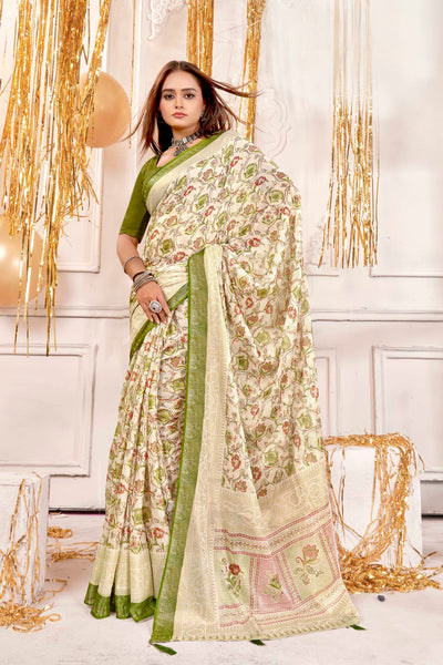 942002 Very Elegant Chiffon Crepe Silk Print Saree with Swarovski on Border - Green
