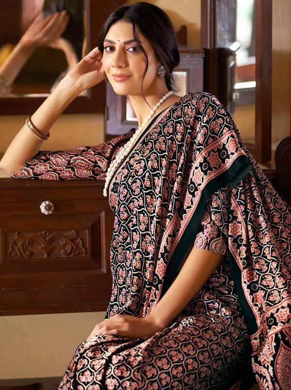 566004 Traditional Ajrakh Print Semi Modal Silk Saree - Black