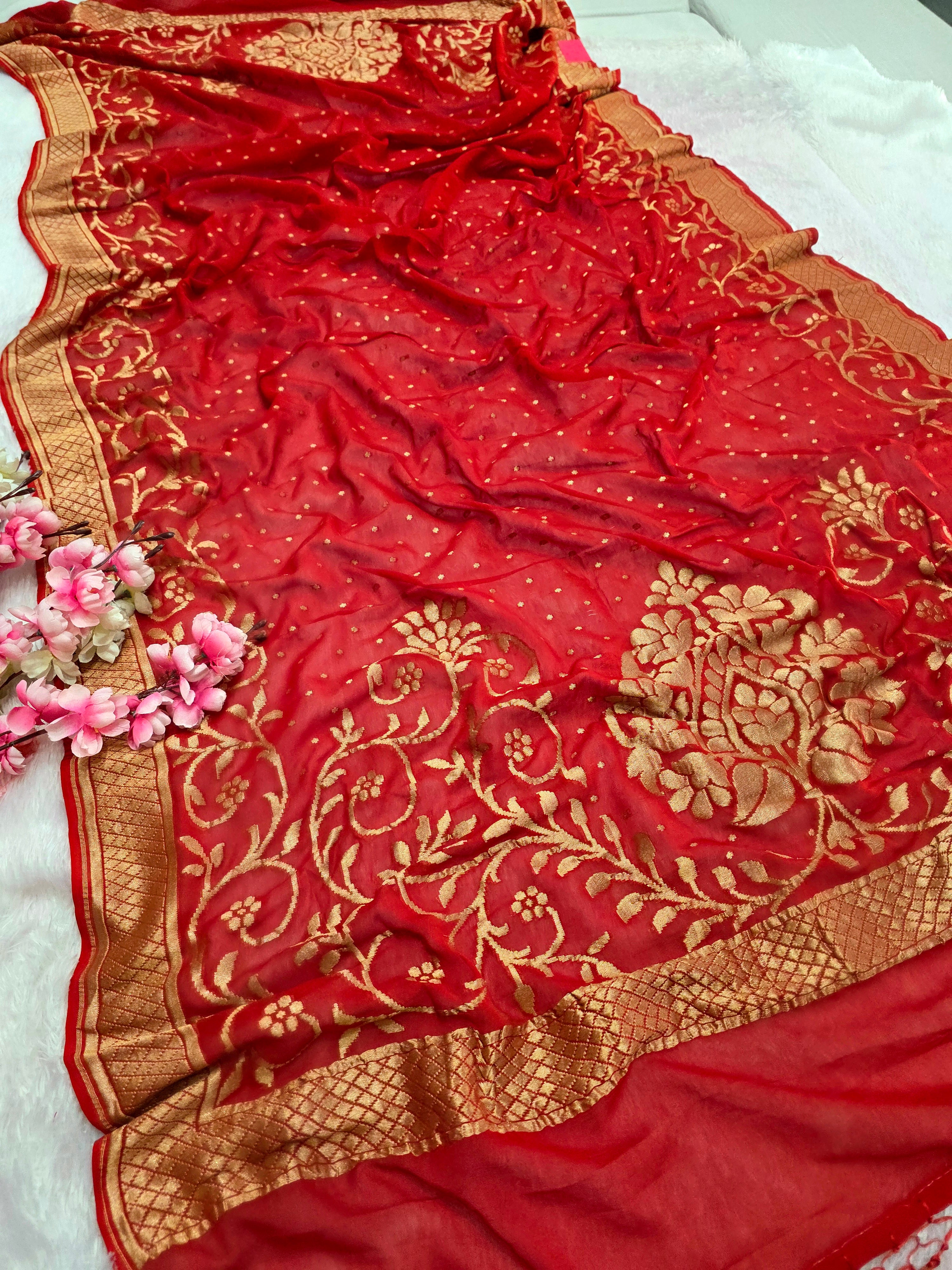 9502 Pure Georgette Red Dupatta with Zari Weaving