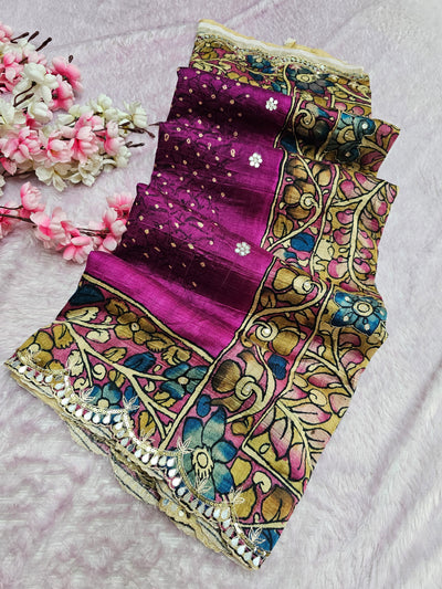 CA1022 Pure Tusser Silk Kalamkari Wine Saree