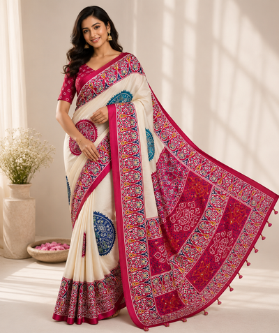 CA0768 Trending Mirror Work Ajrakh Patola Print Semi Modal Silk Saree - Rani
