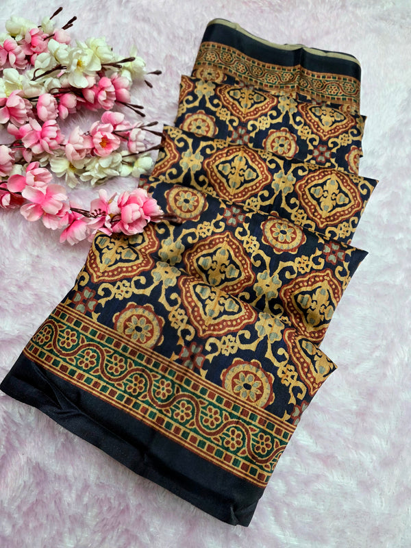 970005 Traditional Ajrakh Print Kozy Silk Light Weight Saree