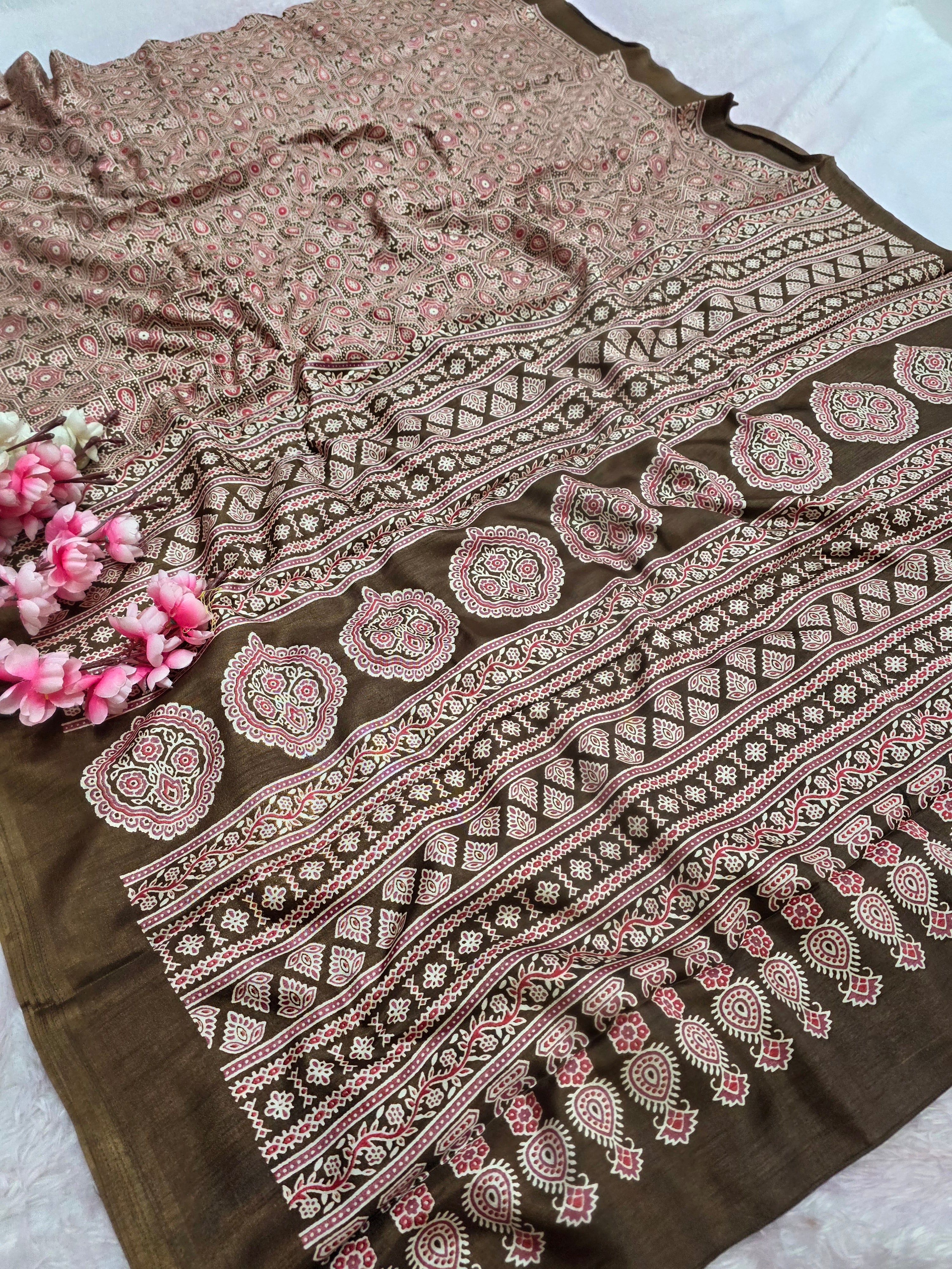 973001 Traditional Ajrakh Print Semi Dola Silk Saree - Brown