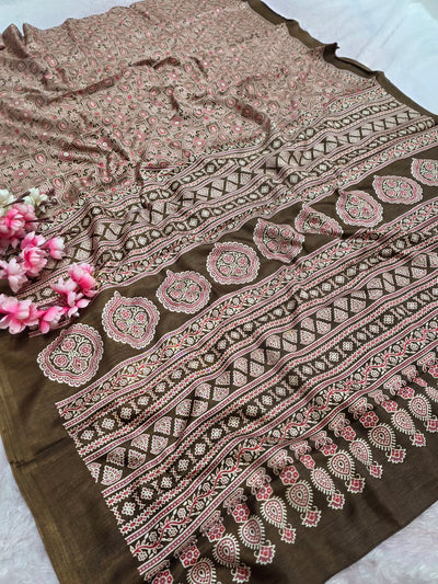 973001 Traditional Ajrakh Print Semi Dola Silk Saree - Brown