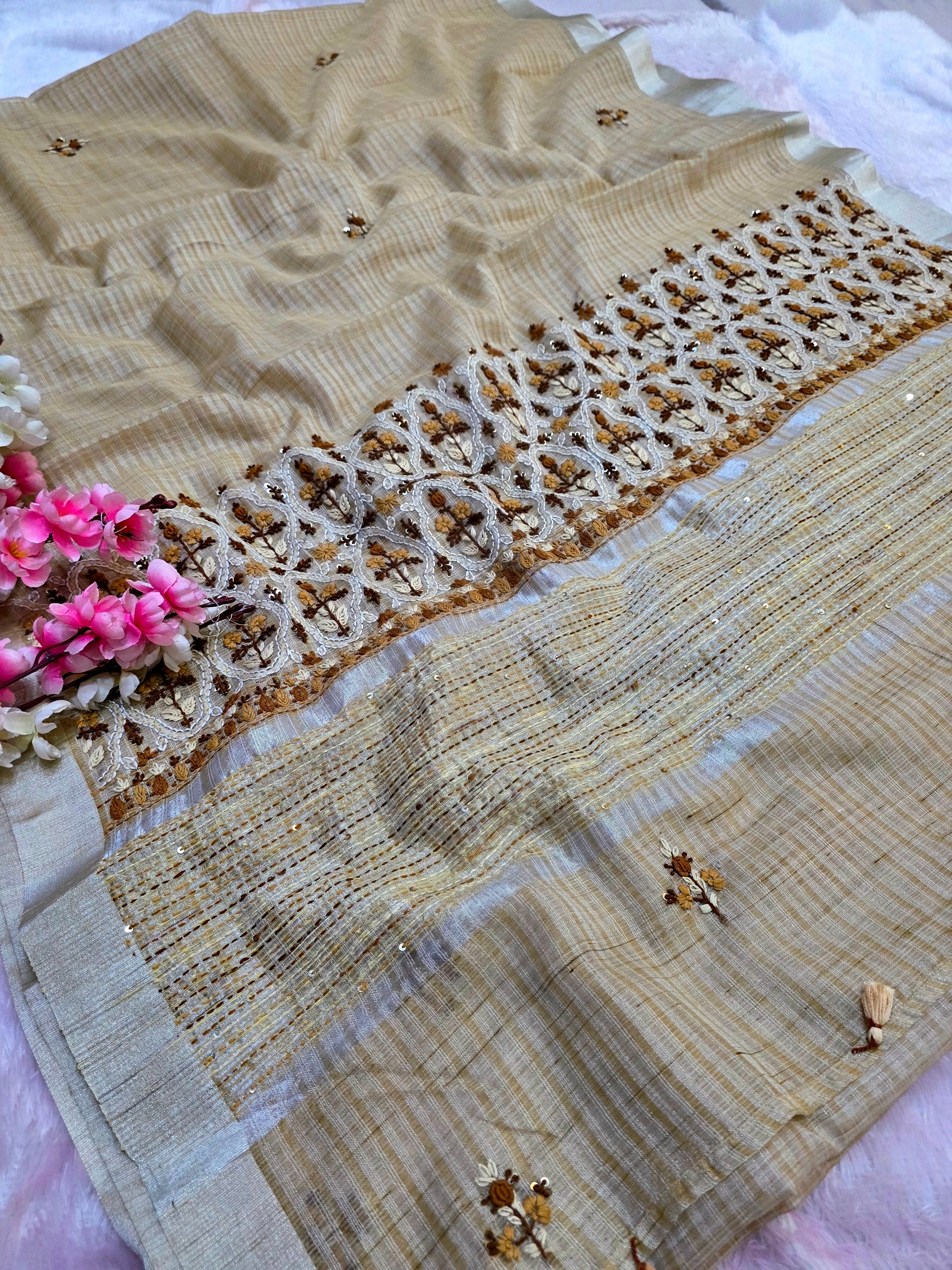 878002 Pure Kota Cotton Silk Hand Embroidery Suta Work Saree - Beige