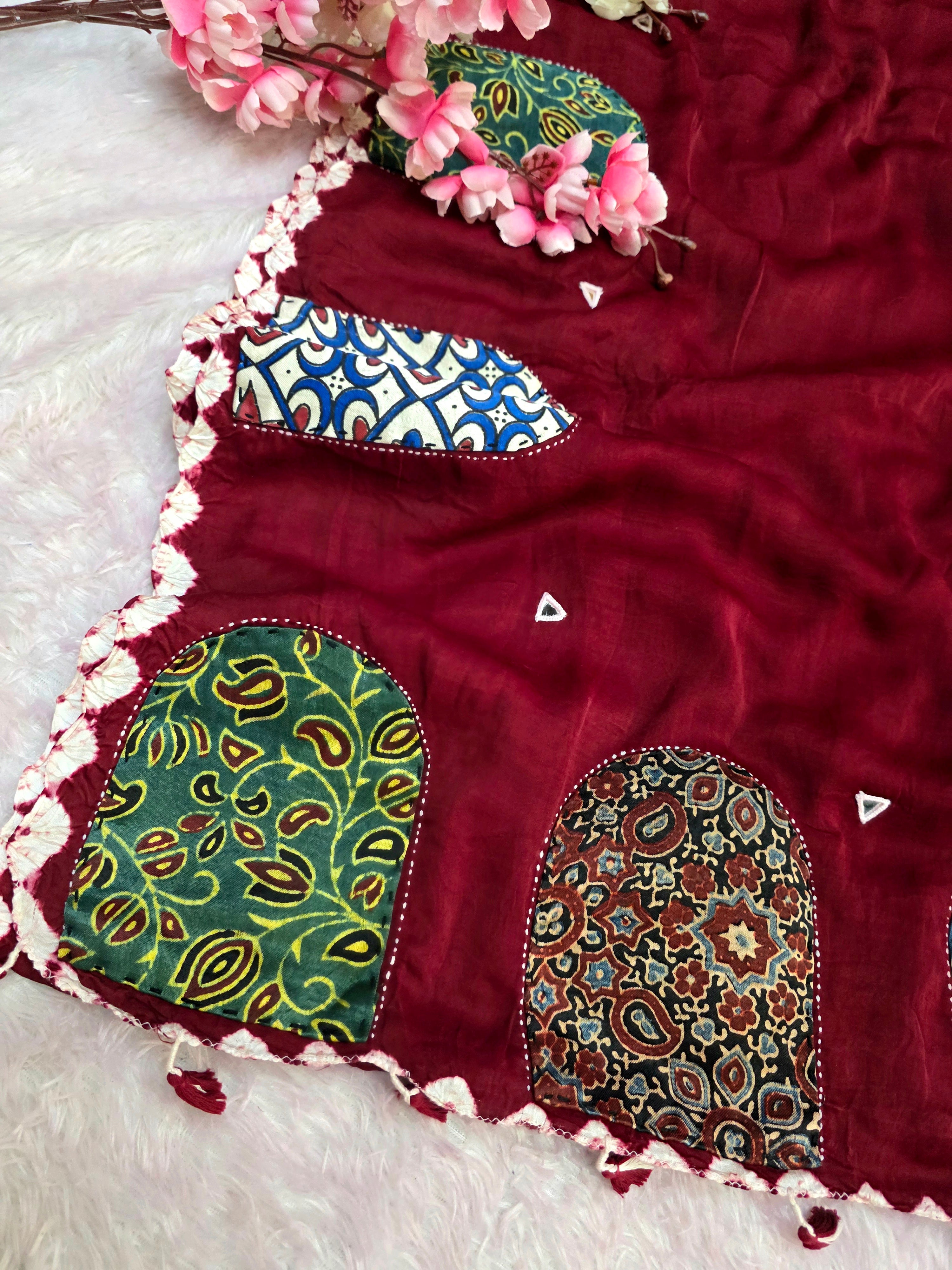 CA0751 Pure Modal Silk Ajrakh Natural Dye Patch Work Sraee - Maroon
