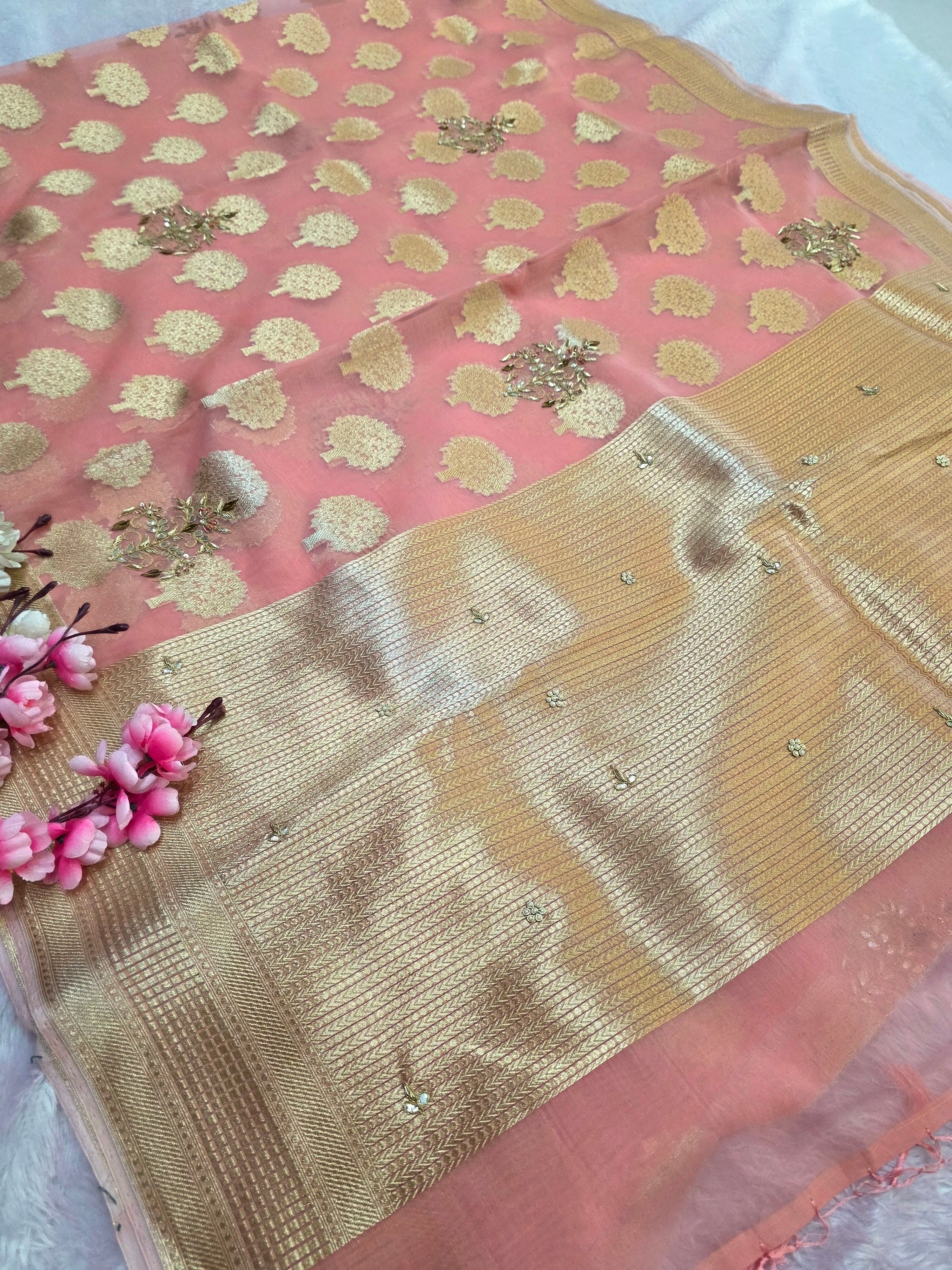 शुद्ध टसर सिल्क हाथ से बनी लेहरिया साड़ी प्रीमियम गोटापट्टी वर्क के साथ - 8837