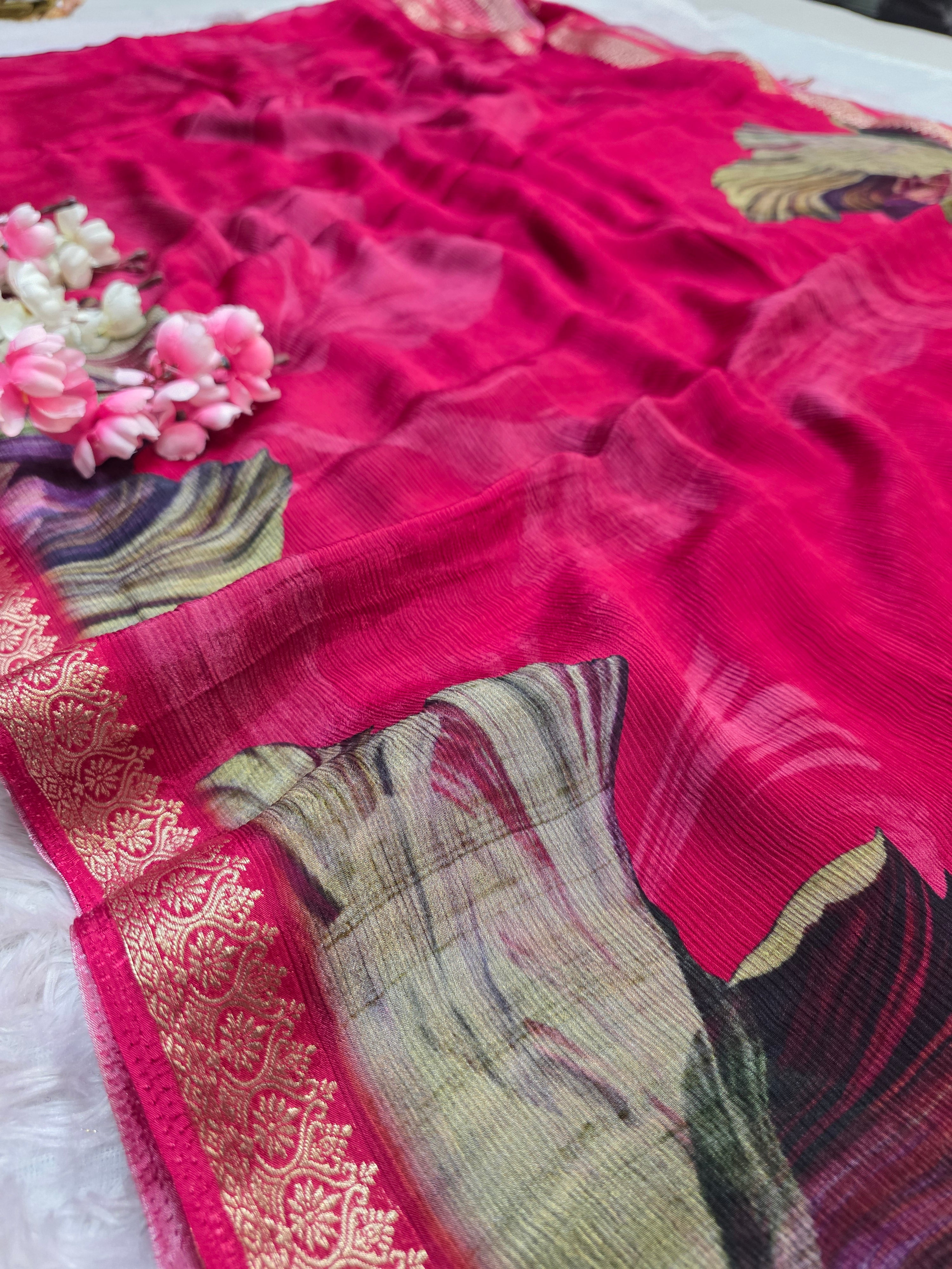 103802 Exclusive Pure Chinon Silk Traditional Print Rani Saree with Zari Weaving Border