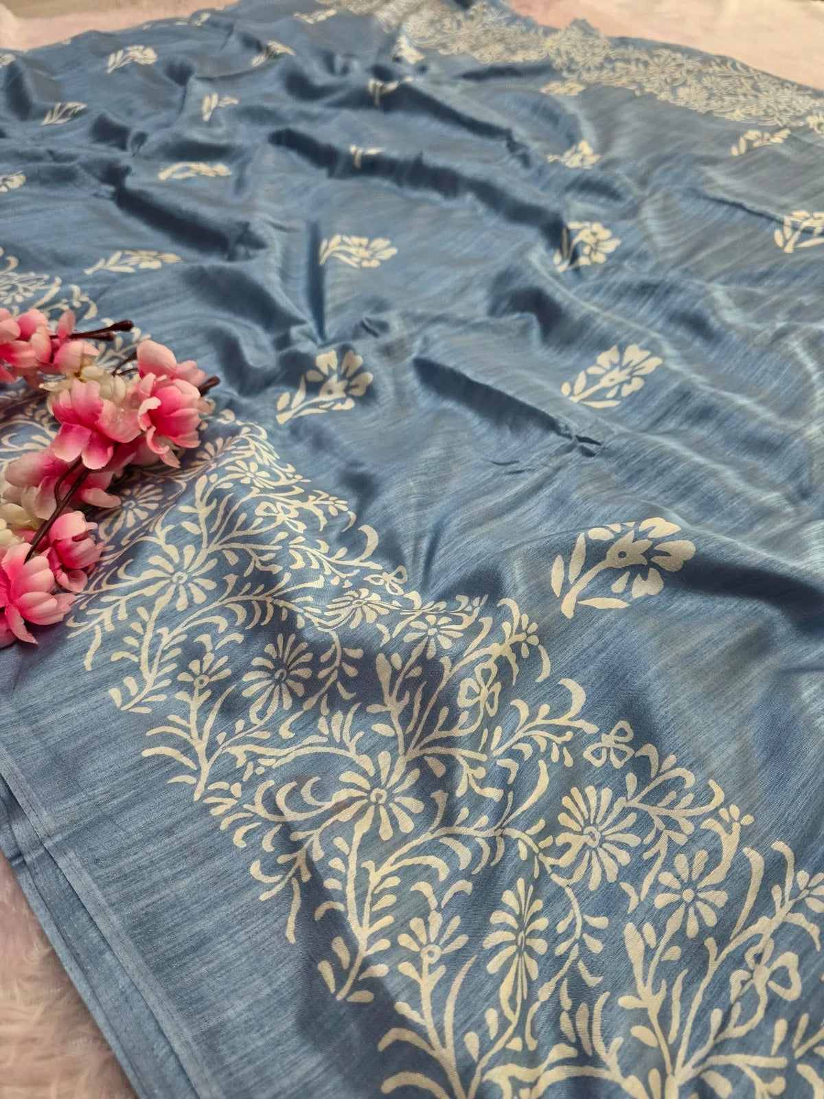 Ca1524 Soft Dola Silk Block Print Saree - Blue