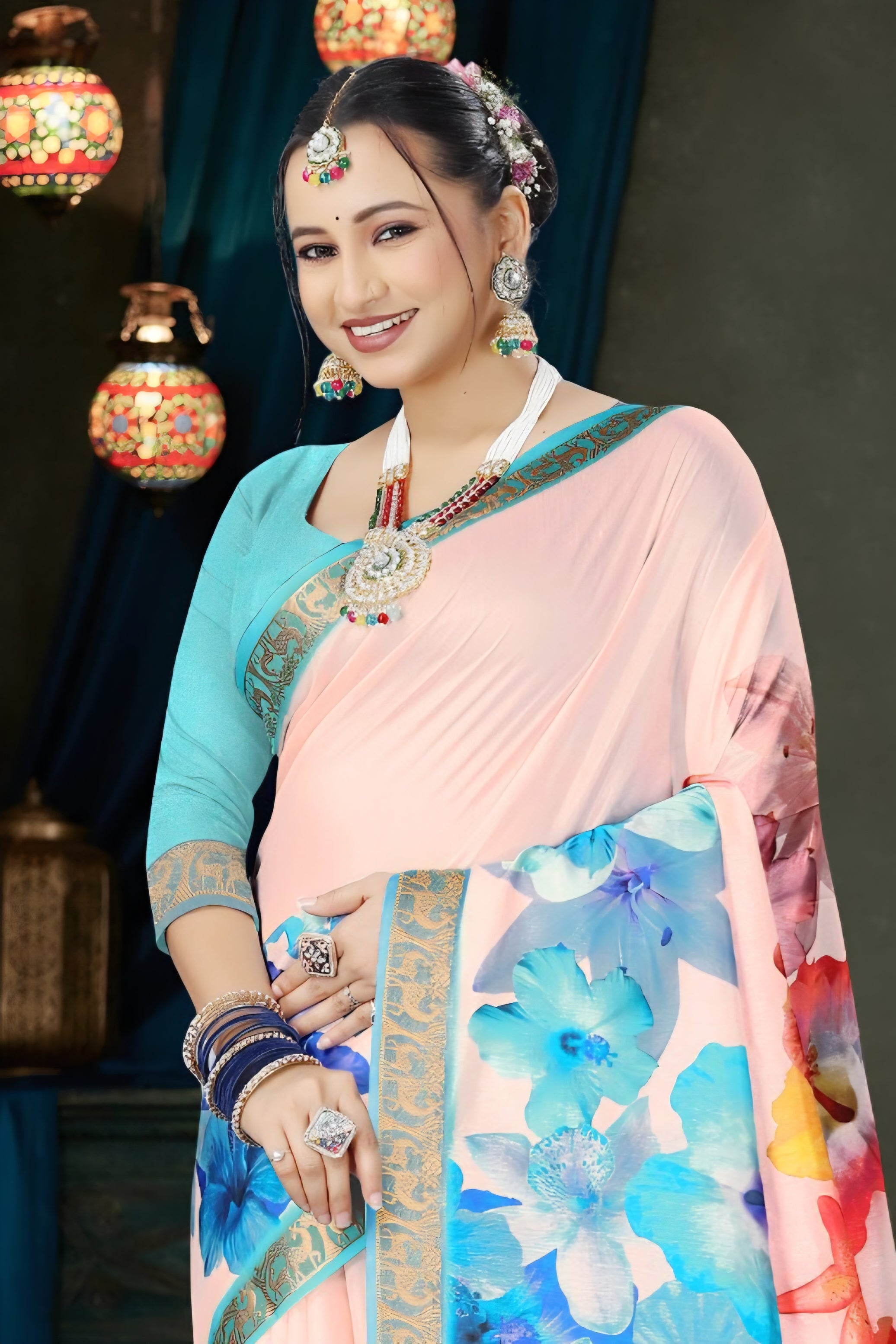 982006 Bollywood Style Soft Crepe Silk Flower Print Saree with Zari Weaving Border