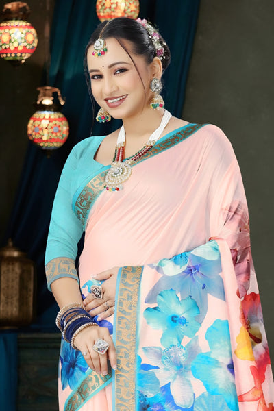 982006 Bollywood Style Soft Crepe Silk Flower Print Saree with Zari Weaving Border