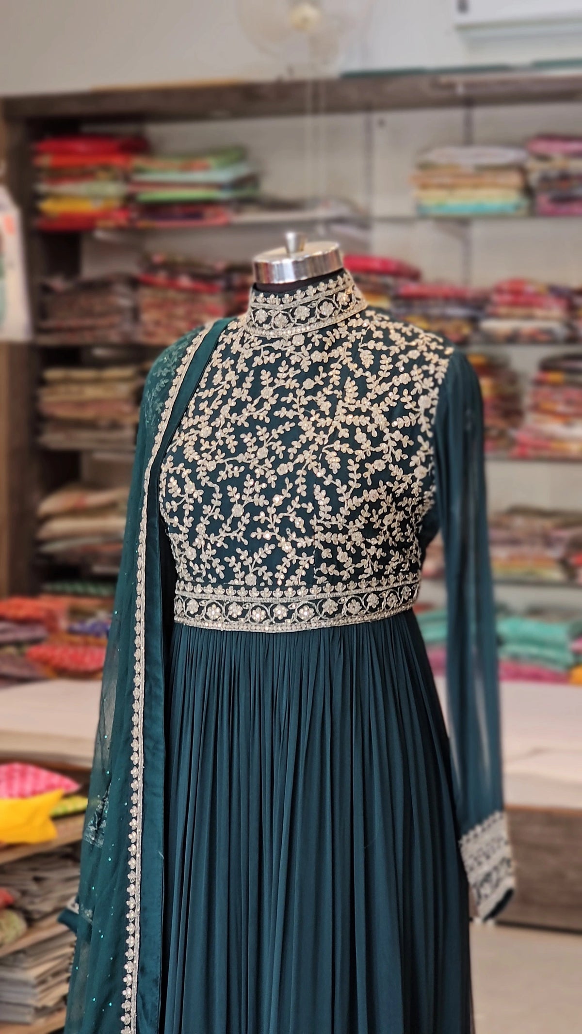 8459 Pure Georgette Royal Green Gown with Pure Chiffon Dupatta