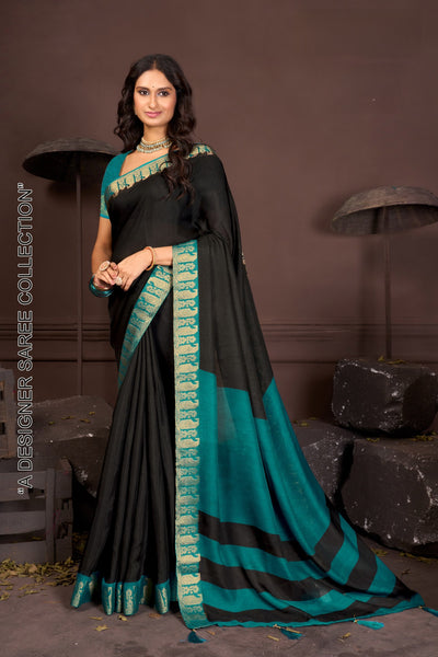 919003 Georgette Crepe Silk Soli Color with Banarasi Weaving  Border Saree - Black