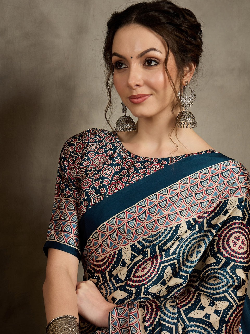 823002 Trending Ajrakh Print Semi Modal Silk Blue Saree