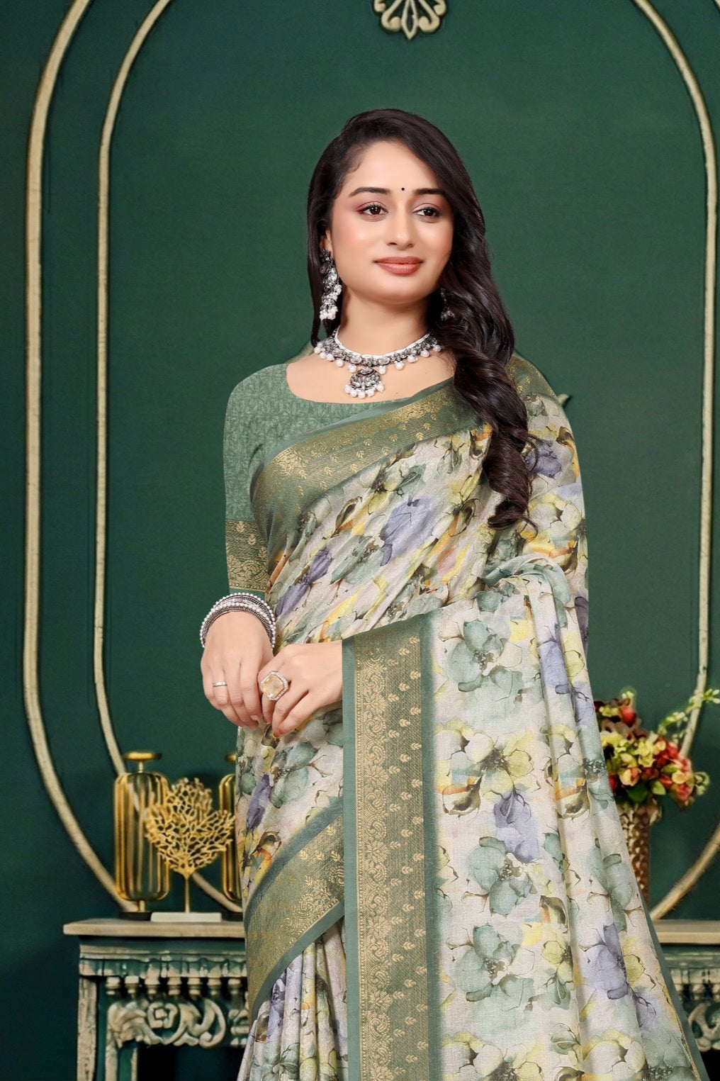 102206 Designer Soft Dola Silk Flower Printed Saree with Zari Weaving Border