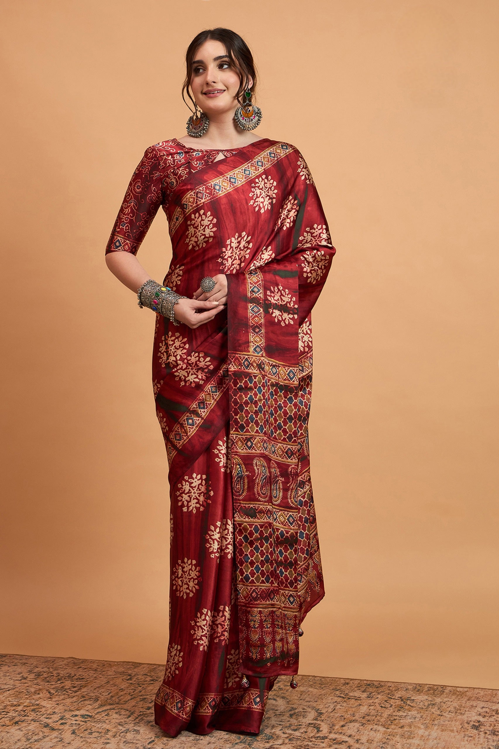 836002 Trending Ajrakh Print Semi Modal Silk Saree - Maroon