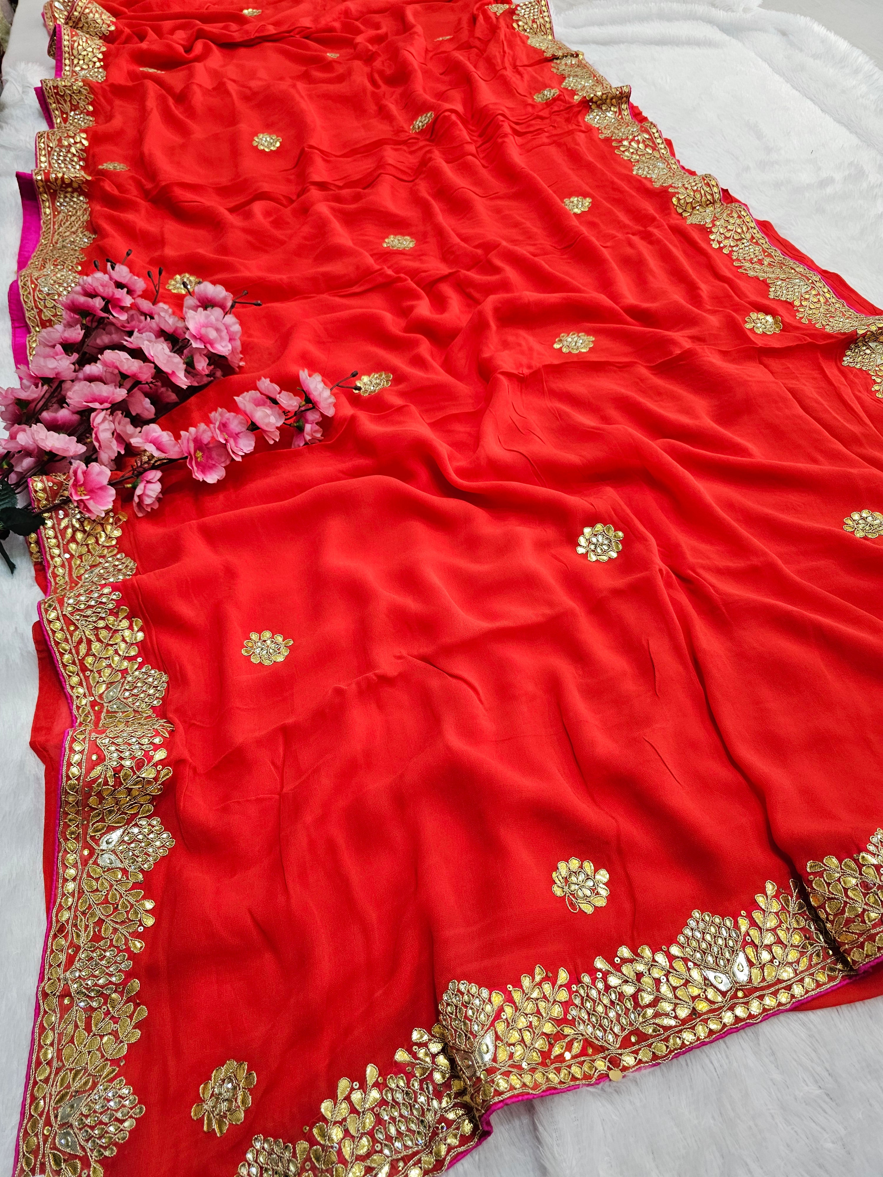 782016 Rajasthani Gota Patti Pure Georgette Saree - Carrot Red