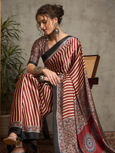 971005 Trending Ajrakh Print Semi Modal Silk Saree